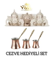 2 KİŞİLİK GÜMÜŞ KAHVE FİNCAN TAKIMI + 3 BOY BAKIR 2-3-4 FİNCANLIK CEZVE HEDİYELİ