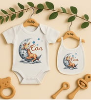 Pia Baby Premium %100 Pamuk İsme Özel Organik Baskılı Çıtçıtlı Bebek Body Ve Önlük 5032-20 (Ekru)