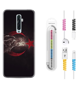 Oppo Reno 2Z 4 Lite 4 Pro 5 6 7 A31 Kılıf Kablo Koruma Spiral Silikon Kurt ve Ay Yıldız 1403