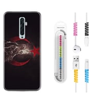 Oppo Reno 2Z 4 Lite 4 Pro 5 6 7 A31 Kılıf Kablo Koruma Spiral Silikon Kurt ve Ay Yıldız 1403
