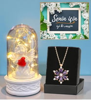 Gerçek Ametist Taşlı Lotus Kolye ve Led Işıklı Fanus Hediye Seti (Model 2)