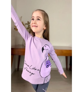 Flamingo Desenli Lila Renk Kız Çocuk Mevsimlik Taytlı Takım
