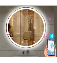 90 cm (çap) Bluetoothlu Buğu Çözücülü Dokunmatik Işıklı Kumlamalı Yuvarlak Banyo Aynası