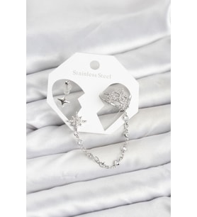 Kutup Yıldızı Model Pirinç Gümüş Renk Zincir Bağlantılı Ear Cuff Küpe Seti