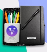 Firmalara Özel Kurumsal Logo Baskılı Kalemlik & Kişiye Özel Siyah Defter & Kişiye Özel Roller Kalem & 6'lı Renkli Kalem Hediye Seti