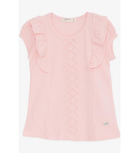 Breeze Kız Çocuk Tişört Fırfırlı Güpür Nakışlı 3-8 Yaş, Pembe