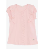 Breeze Kız Çocuk Tişört Fırfırlı Güpür Nakışlı 3-8 Yaş, Pembe