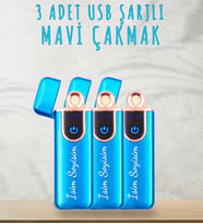 Kişiye Özel 3'lü Gold Rose Detaylı USB Şarjlı Dokunmatik Alevsiz Elektronik Çakma (Mavi)