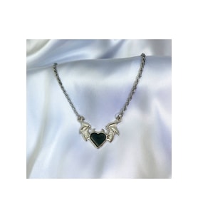 Devil Heart Yarasa Kanatlı Boynuzlu Siyah Kalp Kolye (Gümüş)