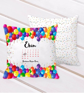 BK Gift Kişiye Özel Tarihli Doğum Günü Tasarımlı Balon Desenli Dekoratif Kırlent Yastık-2 (Beyaz)