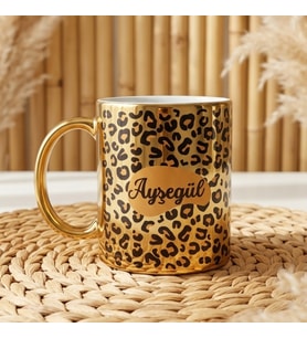 Leopar Temalı Kişiye Özel İsimli Porselen Gold Kupa 300 ml