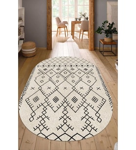 Dijital Baskılı Kaymaz Taban Yıkanabilir Oval Salon Halısı Mutfak Halısı Yolluk NDO-SD-555 (Krem)