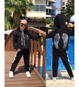 MODAVALS MELEK KANAT PUL PAYET NAKIŞLI KAPİŞONLU SİYAH KIZ ÇOCUK EŞOFMAN TAKIMI 3-4 YAŞ