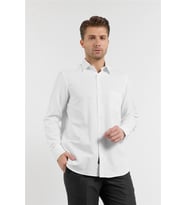 Beyaz Kendinden Desenli Sert Yaka Uzun Kol Cepli Comfort Fit Pamuklu Gömlek 1004255269