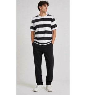 Erkek Çizgili Oversize Tişört Bisiklet Yaka Kısa Kol Yazlık T-Shirt - Siyah