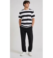 Erkek Çizgili Oversize Tişört Bisiklet Yaka Kısa Kol Yazlık T-Shirt - Siyah