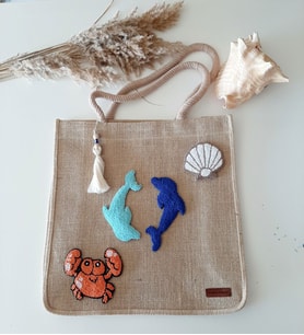Mi-Knitting, Yunuslu Plaj Çantası, Jüt Plaj Çantası, Punch Nakışlı Plaj Çantası,ElİşiPlaj Çantası