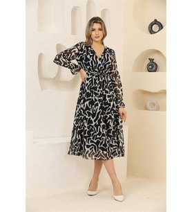 Neşeli butik kadın siyah desenli şifon elbise RSSN32