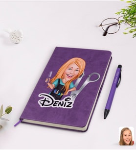 BK Gift Kişiye Özel Kadın Kuaför Karikatürlü Mor Termo Deri Defter Kalem Seti Model 1