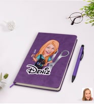 BK Gift Kişiye Özel Kadın Kuaför Karikatürlü Mor Termo Deri Defter Kalem Seti Model 1