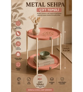 Katlanır Orta Yan Yuvarlak Sehpa Metal Ayak 44 cm Tepsi Deri Kulplu