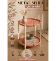 Katlanır Orta Yan Yuvarlak Sehpa Metal Ayak 44 cm Tepsi Deri Kulplu