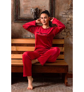 Sude Kadın Kışlık Bisiklet Yaka Kadife Pijama Takımı K803/97 - 1 Adet (Kırmızı)