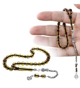 Damla Kehribar Tesbih - 925 Ayar Gümüş Kral Zincir Püsküllü - Ihlamur Sarı - Fasetalı Küre Kesim