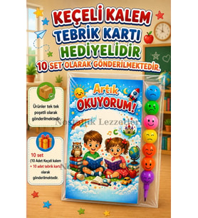 Yeni Okumayı Öğrenen Öğrencilere Hediye 10 Set Artık Okuyorum Yazılı 1. Sınıf Hatırası Keçeli Kalem Tebrik Kartı Hediyeli