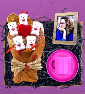 Kişiye Özel Fotoğraflı Ayıcık Buketi (TURUNCU) & Pembe Kahve Fincanı