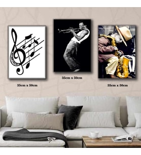 müzik notaları saksafon çalan adam tablosu 3 adet 35cmx50cm kumaş baskılı canvas tablo