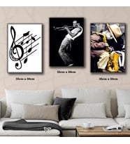müzik notaları saksafon çalan adam tablosu 3 adet 35cmx50cm kumaş baskılı canvas tablo