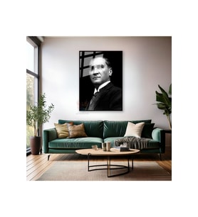 Siyah Beyaz Atatürk Görseli Metal Çerçeveli Cam Tablo Modeli Ev Ofis Hediyesi Duvar Dekoru (Siyah)
