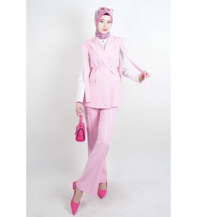 Tesettür Blazer Takım Omuz Tasarım Yelekli Blazer İkili Takım Pembe