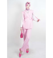 Tesettür Blazer Takım Omuz Tasarım Yelekli Blazer İkili Takım Pembe