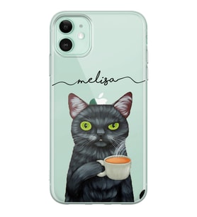 Apple Kahve İçen Kedi Tasarımlı Şeffaf Telefon Kılıfı