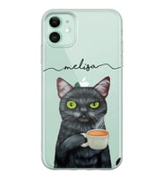 Apple Kahve İçen Kedi Tasarımlı Şeffaf Telefon Kılıfı