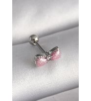 316L Çelik Gümüş Renk Pembe Kurdele Zirkon Taş Detay Tragus Piercing