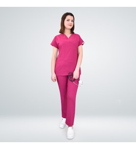 Ünisex Vişne Esnek Likralı Doktor Hemşire Aşçı Scrubs Üniforma Takım