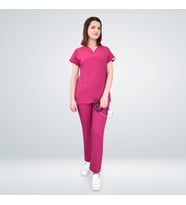 Ünisex Vişne Esnek Likralı Doktor Hemşire Aşçı Scrubs Üniforma Takım