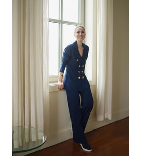 Styleboom X Peraluna KATHERINE BLAZER Çelik Örgü Klasik Kesim Düğmeli Blazer Kadın Triko Ceket - Lacivert