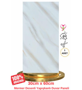 Shiny Beyaz-Toprak Mermer Desenli 60x30cm Yapışkanlı Mutfak Banyo Kaplama Duvar Paneli Kağıdı TX-106 (Çok Renkli)