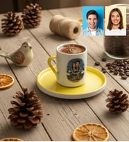 Kişiye Özel Karikatürlü Kuğular ve Aşıklar Türk Kahvesi Fincanı Sevgililer Günü Hediyesi