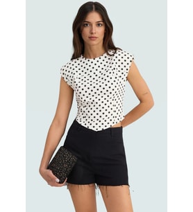 Pamuklu Gabardin Bluz Puantiyeli Desen Bisiklet Yaka Crop Fitted Dayanıklı Malzeme