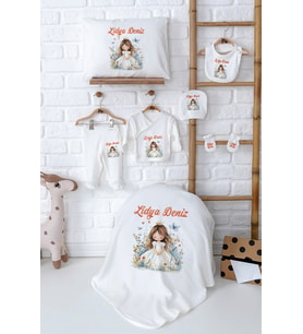 Pia Baby Premium İsimli %100 Pamuk Yenidoğan Kız Bebek Hediyelik Set 5077-02 (Ekru)