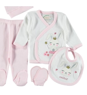 Sihirbaz Tavşan Nakışlı 5'li Bebek Zıbın Seti - 1/3 Ay (Pembe)
