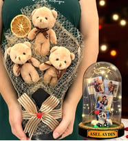 Kişiye Özel Led Işıklı Fanus ve Büyük Boy Kahve Peluş Ayıcık Buketi - Premium Hediye Seti (Model 4)