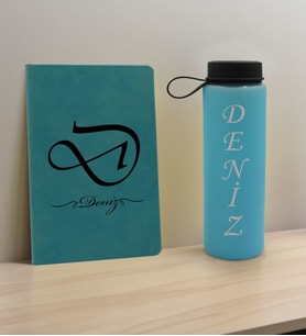 BK Gift Kişiye Özel İsimli Turkuaz Defter ve Cam Matara Hediye Seti-2, Sevgiliye Hediye, Arkadaşa Hediye, Yeni İş Hediyesi