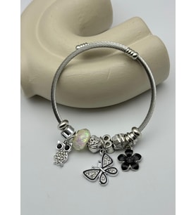 Çelik Silver Taşlı Baykuş Kelebek Siyah Çiçek Charmlı Pandora Bileklik - 26blk50