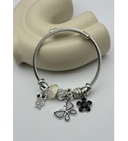 Çelik Silver Taşlı Baykuş Kelebek Siyah Çiçek Charmlı Pandora Bileklik - 26blk50